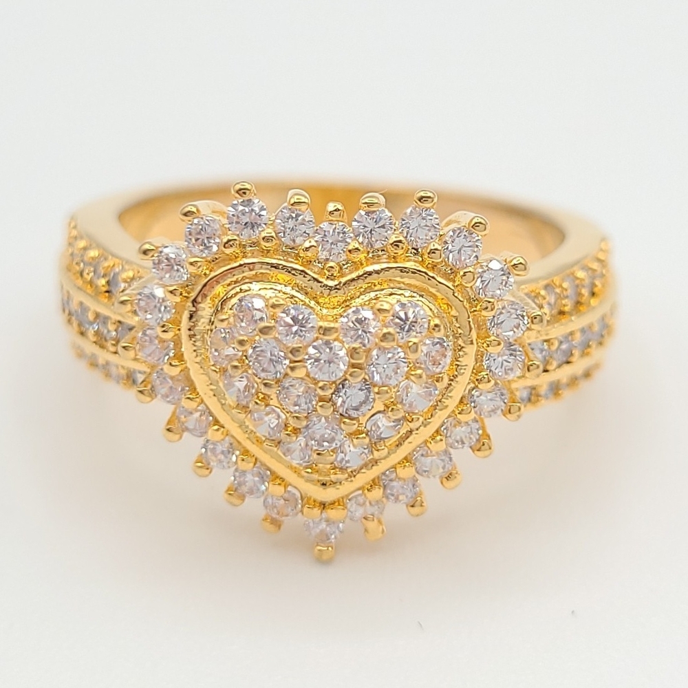 Gold Tone Heart Halo Ring Pavé CZ Romantic Statement Size 7.5
